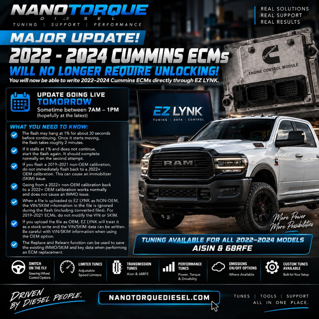 2022–2024 Cummins ECMs no longer require unlocking. Write them directly through EZ Lynk. 40% off tuning. Lifetime tuning $1,000.